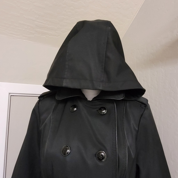 Worthington rain pea coat long with hood faux leather trim - Picture 6 of 15